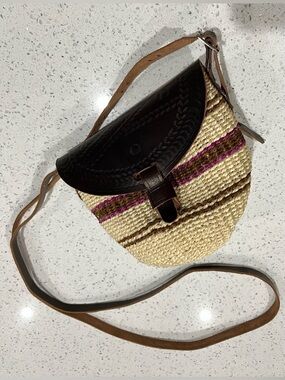 Kiondo Leather Strap Bag African Woven Sisal Adjustable Strap Shoulder Strap